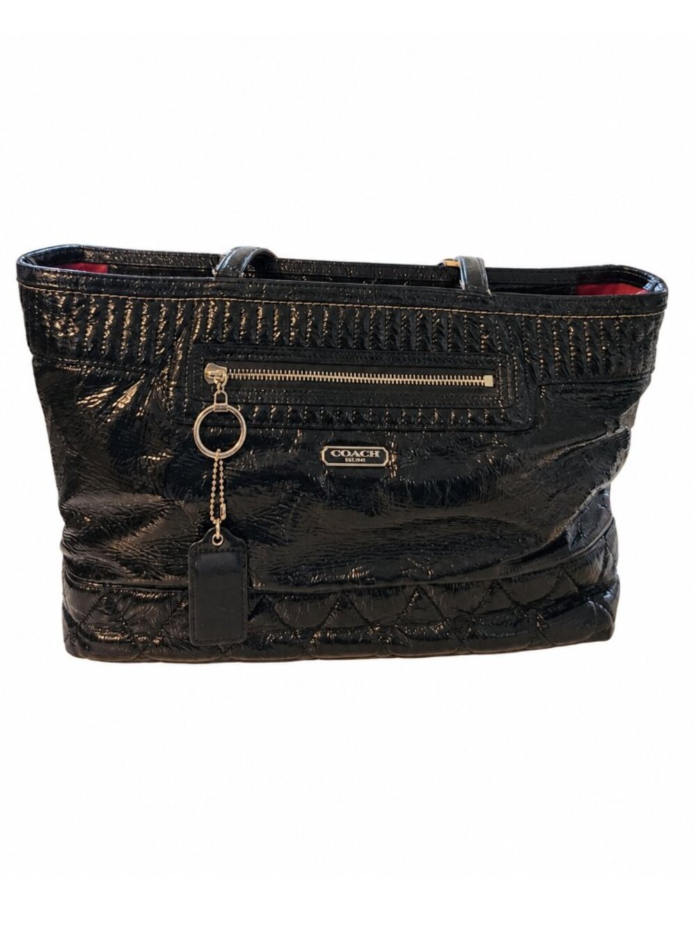 Coach Poppy Daisy Black Liquid Gloss Patent Tote Pink Lining